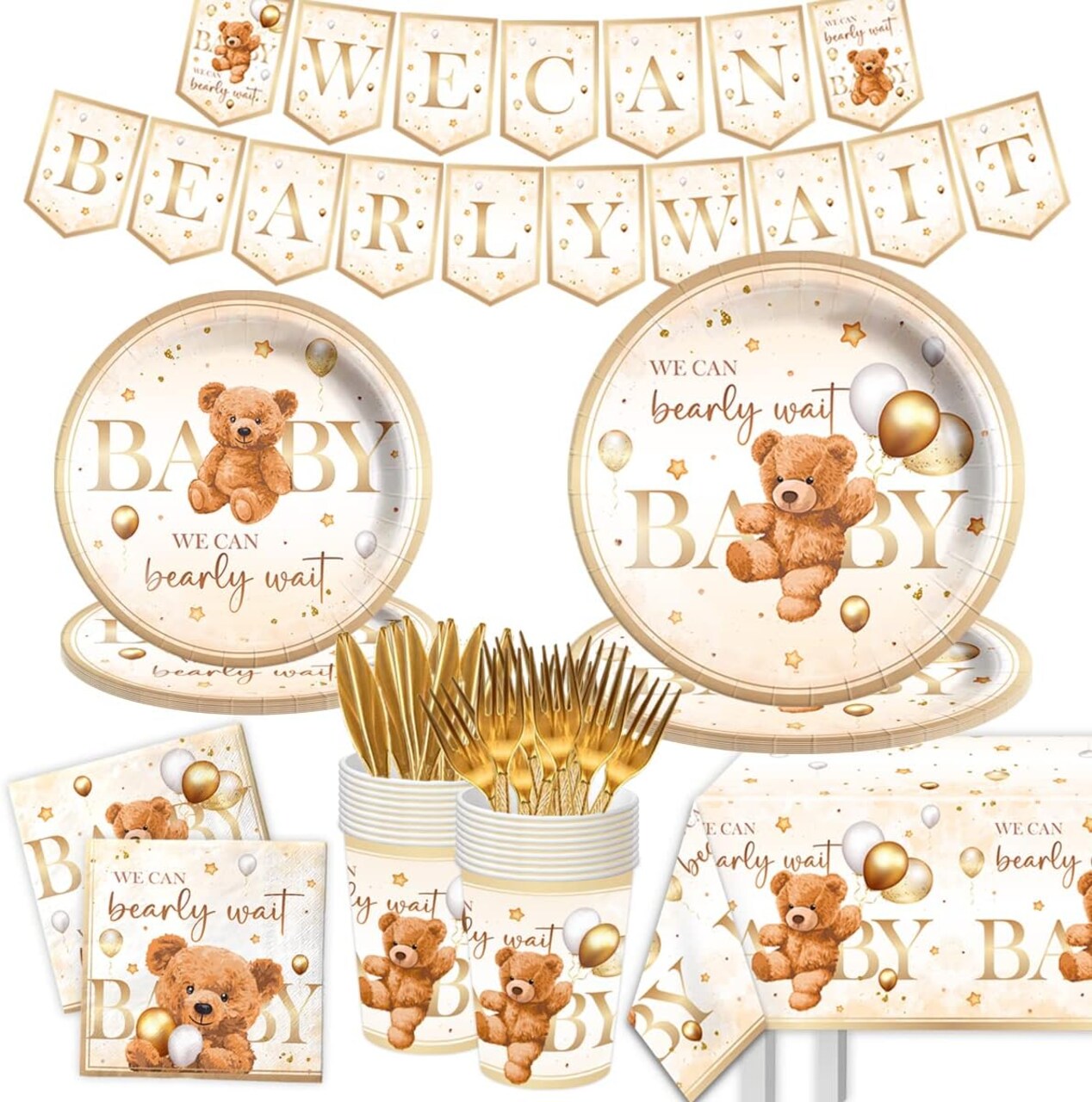 142 Pcs Bear Baby Shower Party Supplies – Tableware Set for 20 Guests (Brown, Gold, Silver)